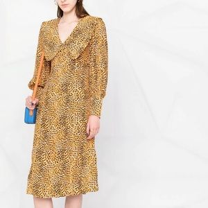 Like new Ganni cheetah crepe dress collar midi dress